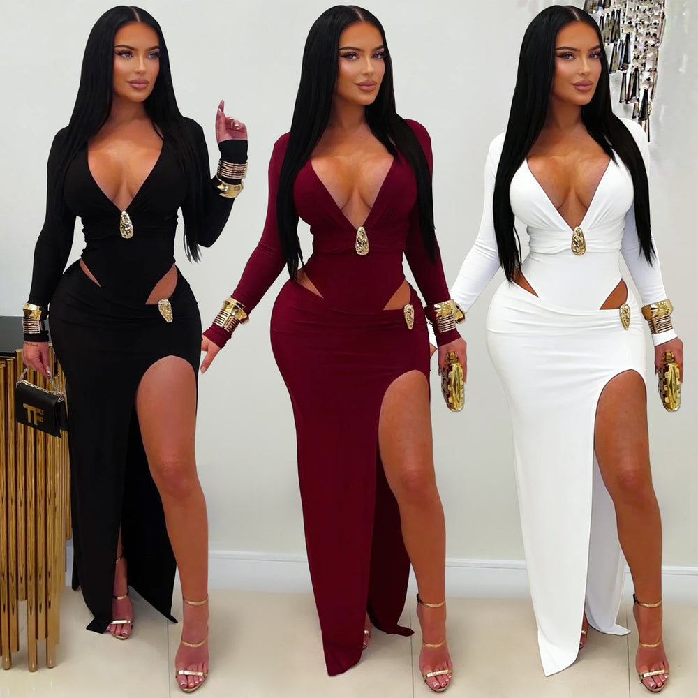 C7631 cross-border   fashion women's sexy v-neck solid color long sleeve bodycon dress