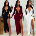 C7631 cross-border   fashion women's sexy v-neck solid color long sleeve bodycon dress