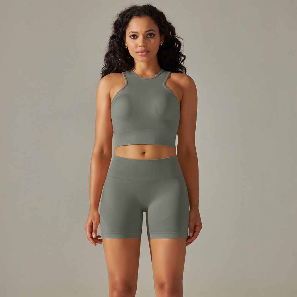 seamless peach beautiful back five-piece set pure color high waist tight jacquard beautiful back bra vest yoga pants suit