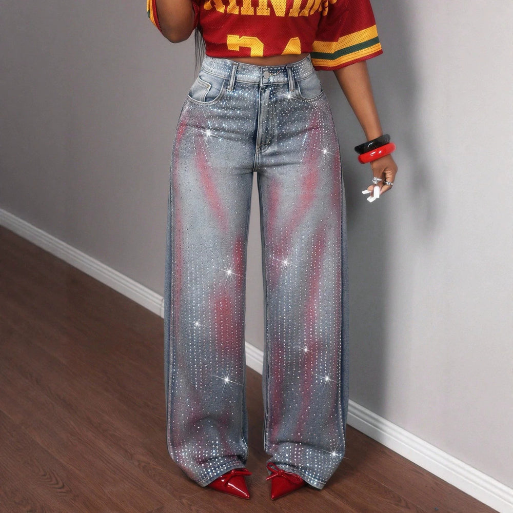 Fashion heavy industry hot diamond gradient red pattern wide leg jeans women's high waist washed bright diamond drapedmoppants cross-border
