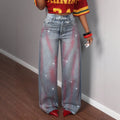 Fashion heavy industry hot diamond gradient red pattern wide leg jeans women's high waist washed bright diamond drapedmoppants cross-border