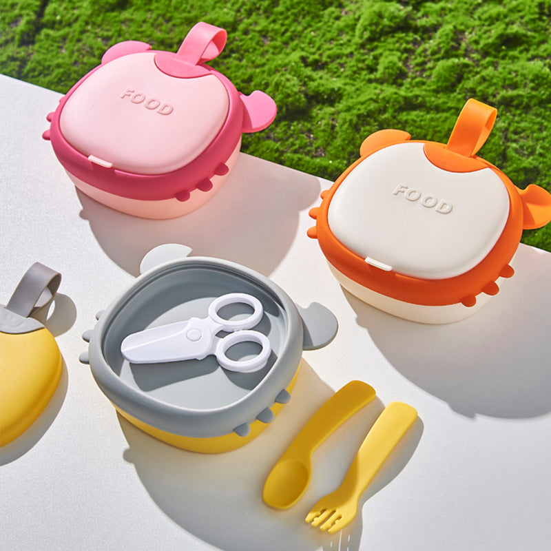 Baby outing food bowl kids portable meal plate silicone eating bowl drop-proof takeout baby utensil set