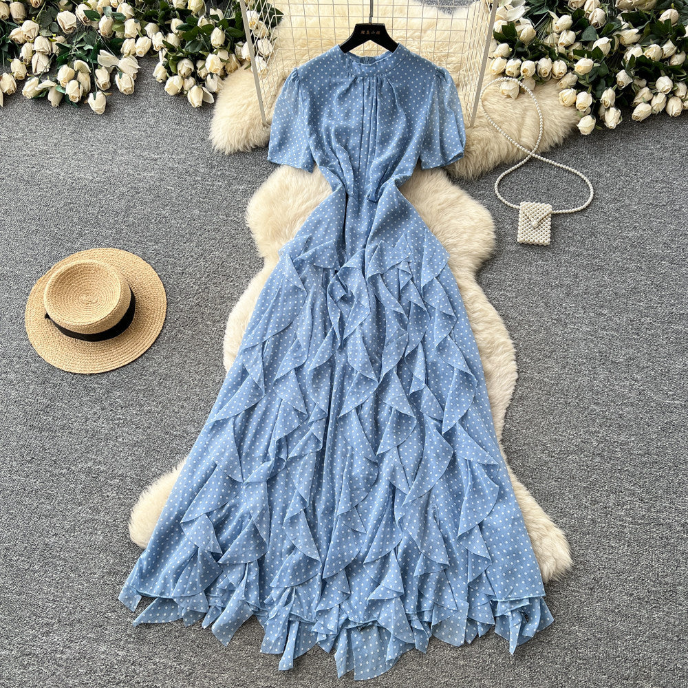 French romantic red polka dot a-line dress - women's summer irregular high-waisted slimming elegant maxi dress