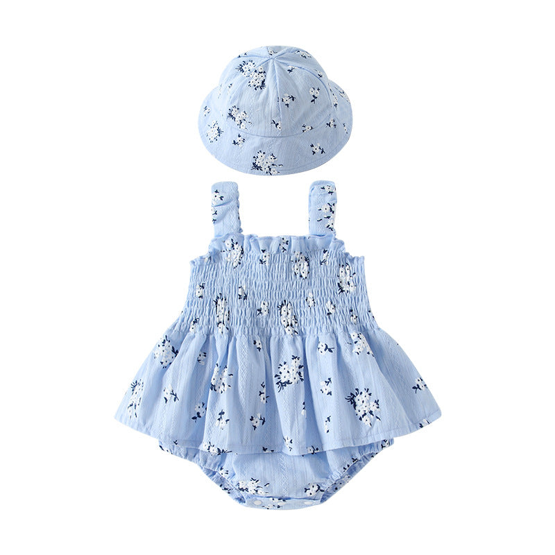 Ins summer clothing newborn baby sleeveless suspender khaki style small floral thin baby girl bag butt skirt one-piece