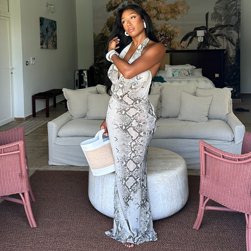 Fashion style cross-border gray and white printed women's halterneck hip skirt elegant waist low-cut long classydress