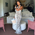 Fashion style cross-border gray and white printed women's halterneck hip skirt elegant waist low-cut long classydress