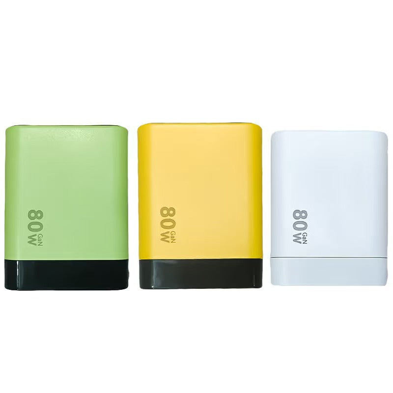 80w gan charger pd fast charging adapter compatible with apple, huawei, and xiaomi, featuring a foldable retractable cable with indicator light