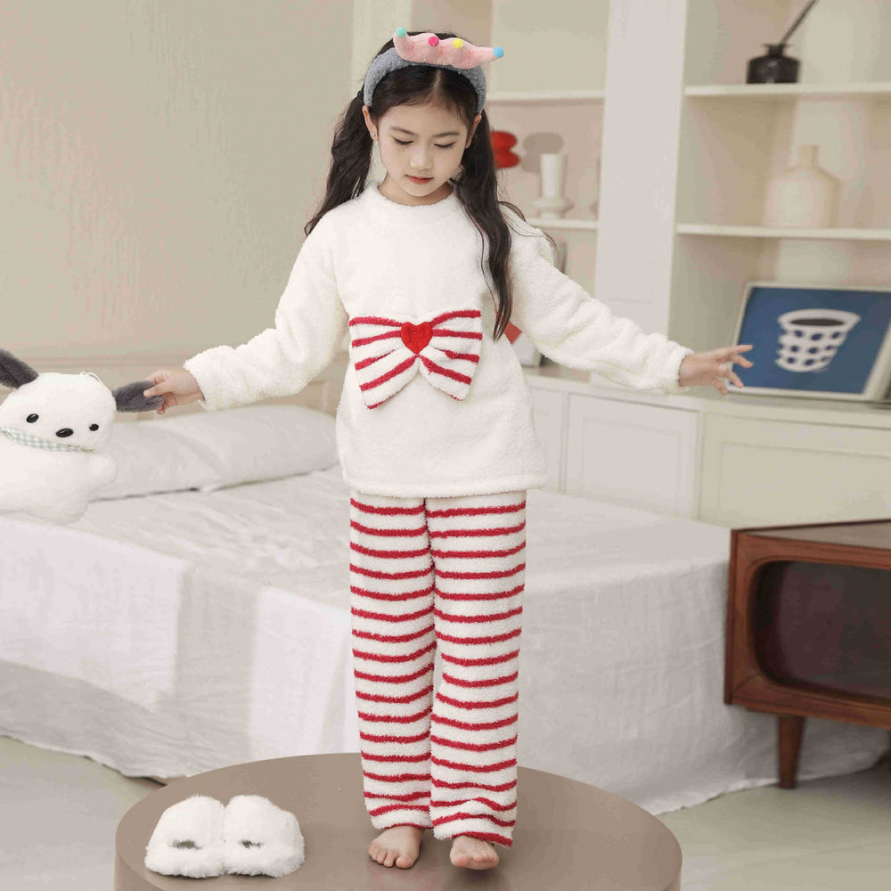 Girls' sweet bowknot pajama set for toddlers and big kids - new autumn/winter warm half-fleece loungewear