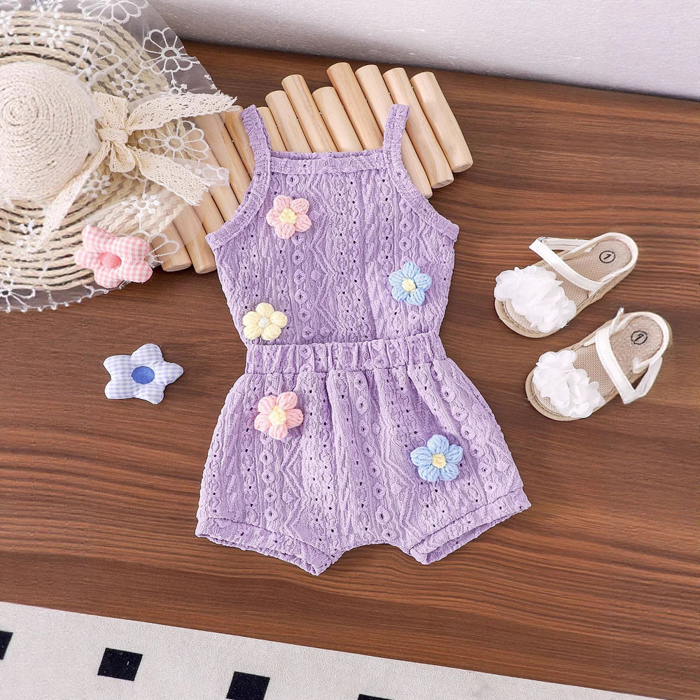 Children's clothing  fashion children's clothing cross-border stereo flower purple suspender top + shorts