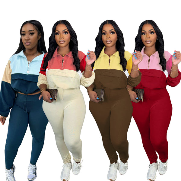 TW539 autumn  supply contrasting color set zipper color matching sweater leggings sports two-piece set