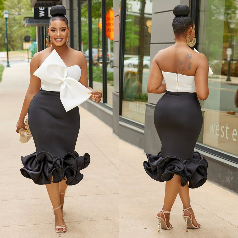 C6397 cross-border   fashion women's sleeveless bandeau bowknot bodycon skirt two-piece set