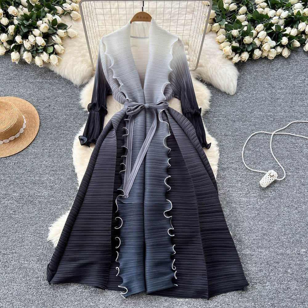 Fashion style loose strap mid-length miya pleated outwear women's fashionable gradient color fungus edge pleated dress