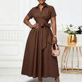 C8662  european and american women's clothing  summer new arrival: collared short-sleeve tie-waist solid color export dress