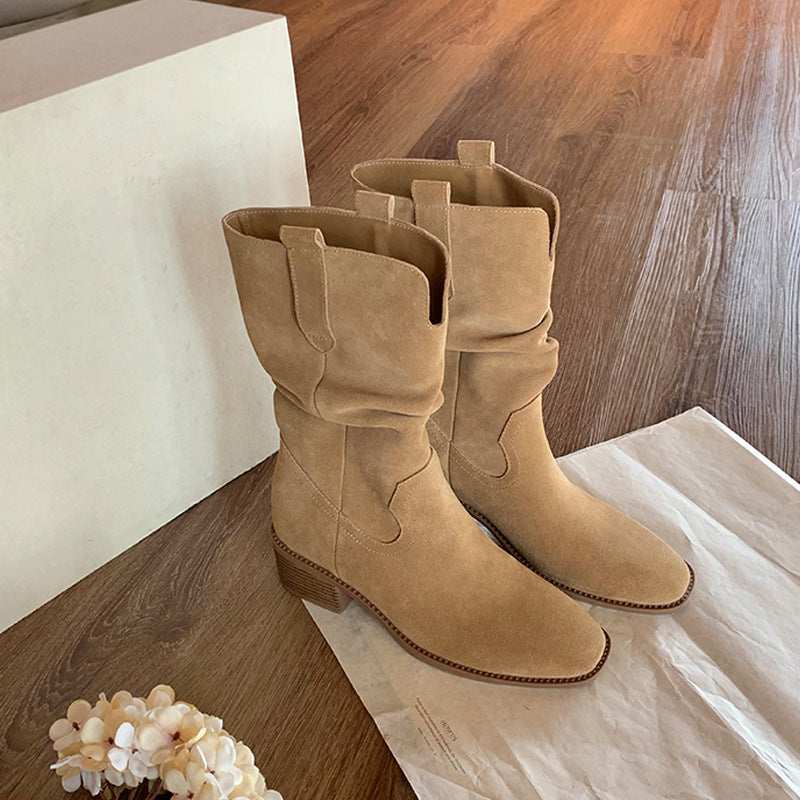 Grape mom~height increasing boots for women 2025 autumn winter v mouth slimming look maillard thick heel knee socks boots for women