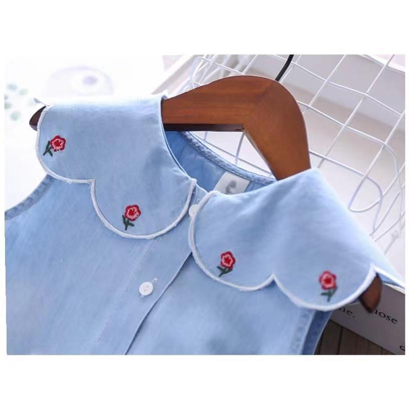 Summer new girls' denim embroidered turn-down collar top + princess mesh skirt two-piece set - direct from the manufacturer