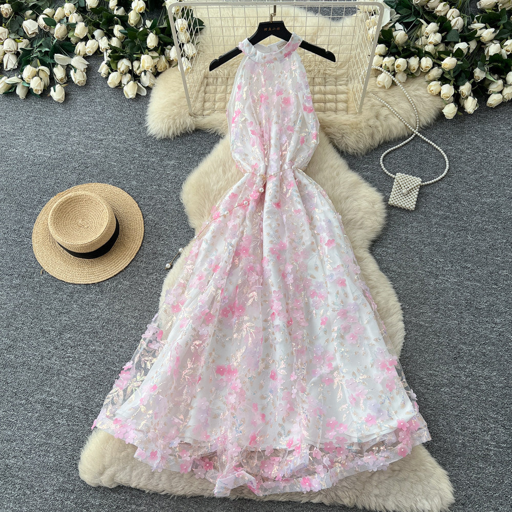 French riviera style halter floral dress - women's summer  high-waisted slimming yellow a-line maxi dress