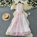 French riviera style halter floral dress - women's summer  high-waisted slimming yellow a-line maxi dress