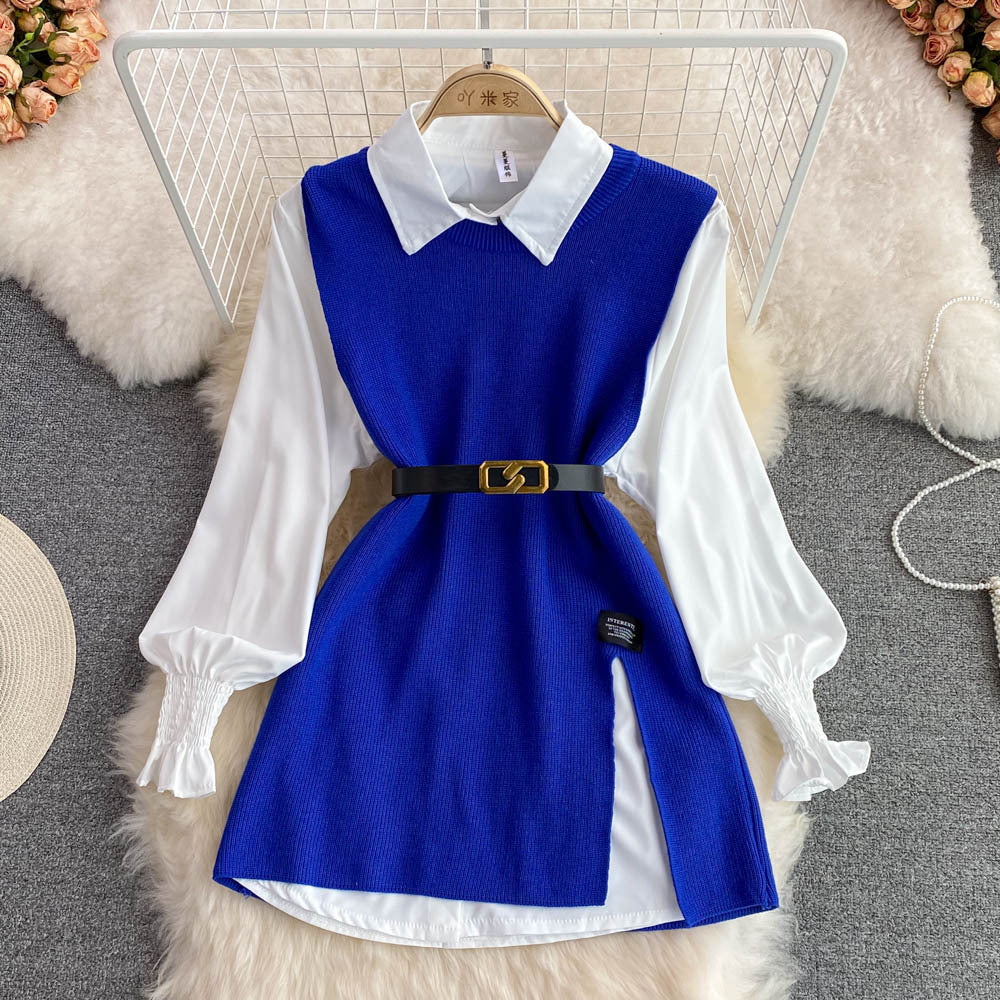 Spring lantern sleeve white shirt women's age-reducing sweet loose covering slit vest sweater layering two-piece set