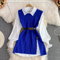Spring lantern sleeve white shirt women's age-reducing sweet loose covering slit vest sweater layering two-piece set