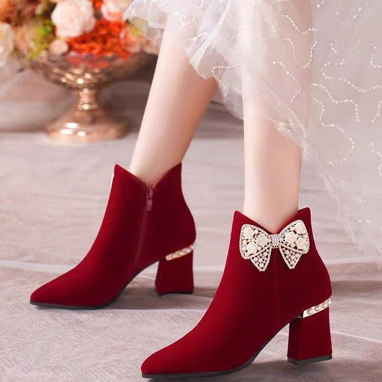 2024 winter new arrival red wedding shoes for women with thick heels and non-tiring feet wedding dress xiuhe two-piece bridal wedding boots