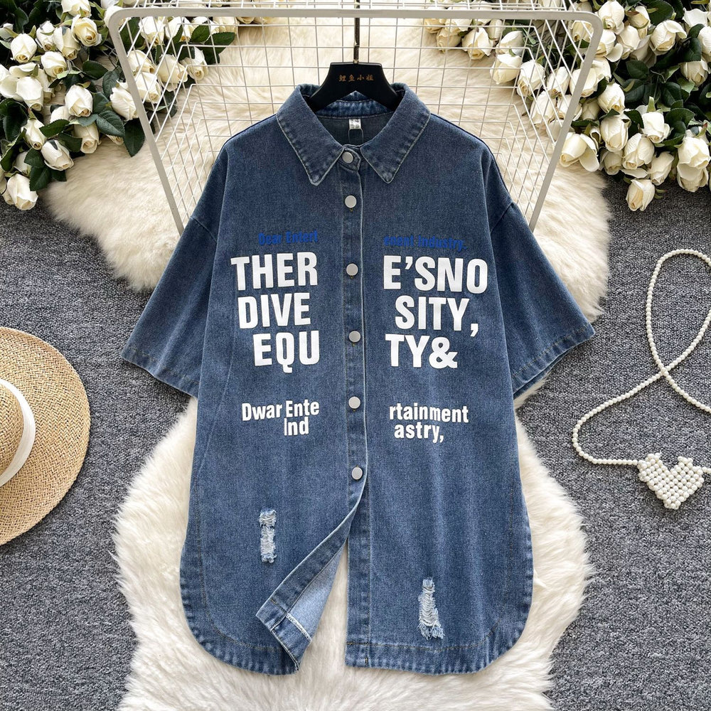 Hong kong style retrocasualbf style fashionable denim shirt for women summersense of designasymmetricalletterprintingtops for women