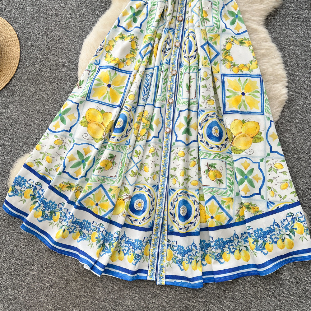 Vacation style sleeveless lapel printingdress female summer k-style strap waist a-line long skirt eleganceelegant