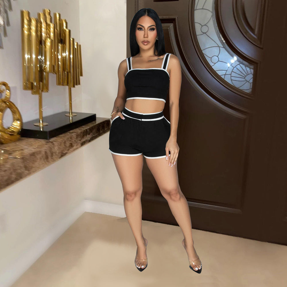 C6966 cross-border   independent station fashion women's solid color camisole and shorts two-piece set