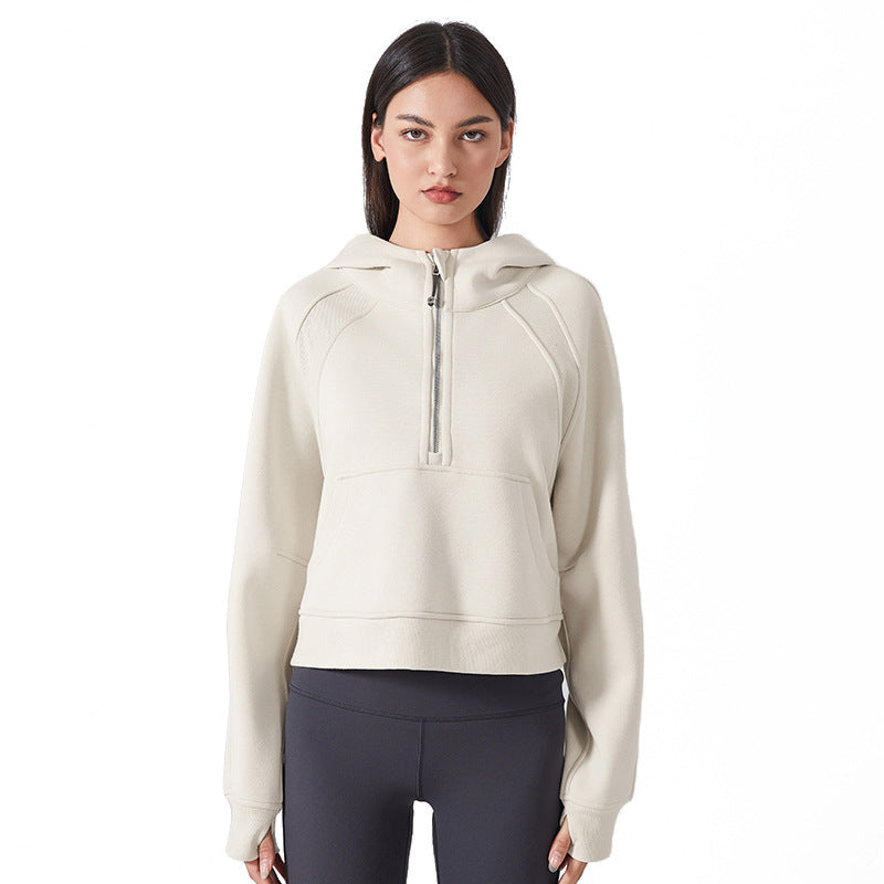 Fall and winterfleece-linedheattech yoga wear half-zip hooded sweatshirt outdoor fitness loose sports tops women's daw139