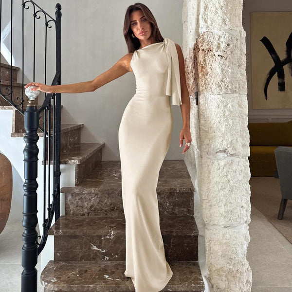 temperament elegant long dress fashion straps single shoulder diagonal collar solid color dress sleeveless sexy party dress women