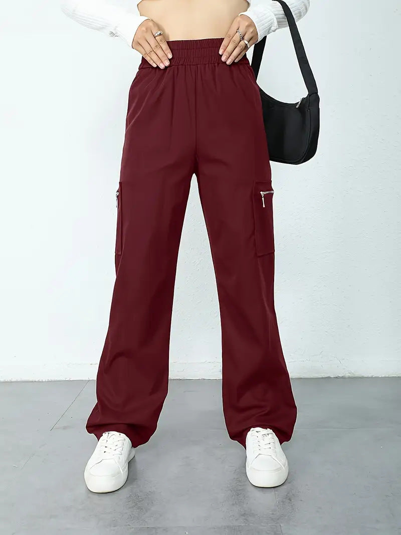Ready-to-ship  spring/summer new arrival: trendy high-waisted cargo pants with zipper pockets, street style straight-leg casual trousers