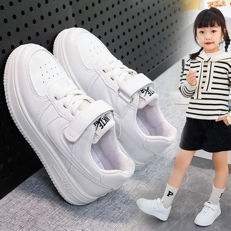 Children's white shoes spring and autumn boys white sports shoes primary school students school flat girls shoes Velcro white shoes