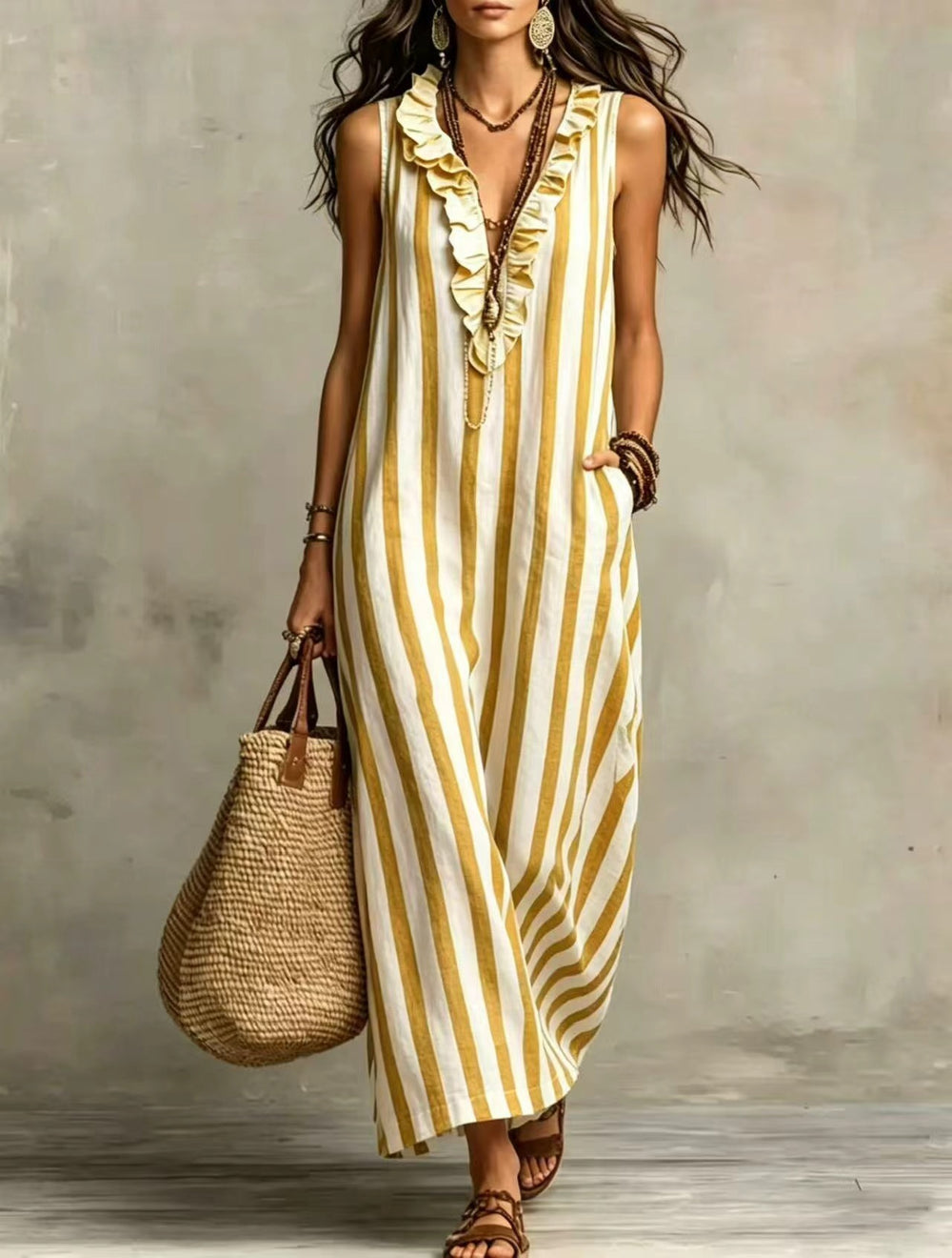 european and american independent station   spring summer new bohemia flying sleeves printing stripes long