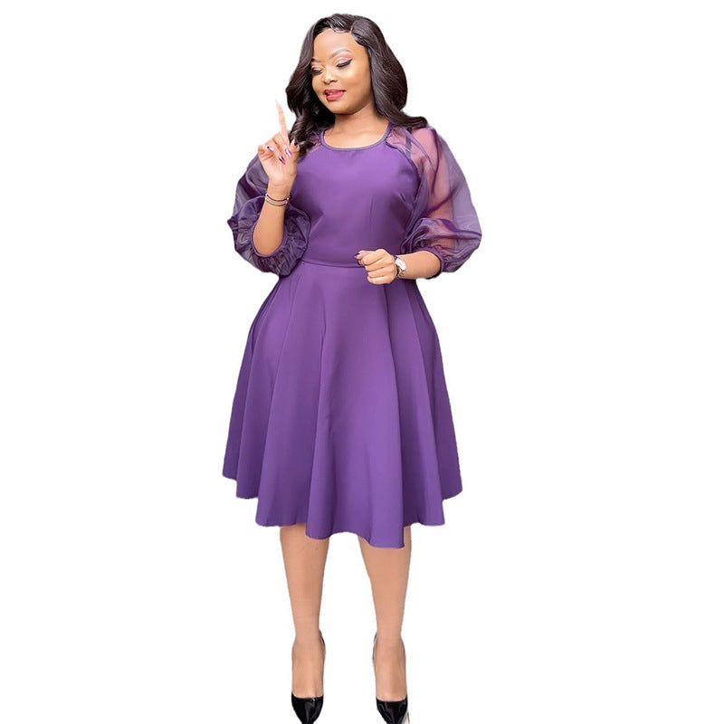 supply of african, european and american women's clothing, waist-cinching a-line dress, puff sleeves, three-quarter sleeves, fashionplaid space layer