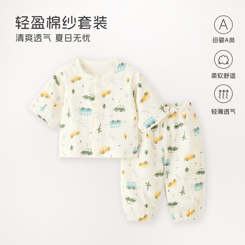 Baby pajamas gauze pure cotton spring summer thin baby air conditioning home clothes separatestwo-piece set men's and women's children