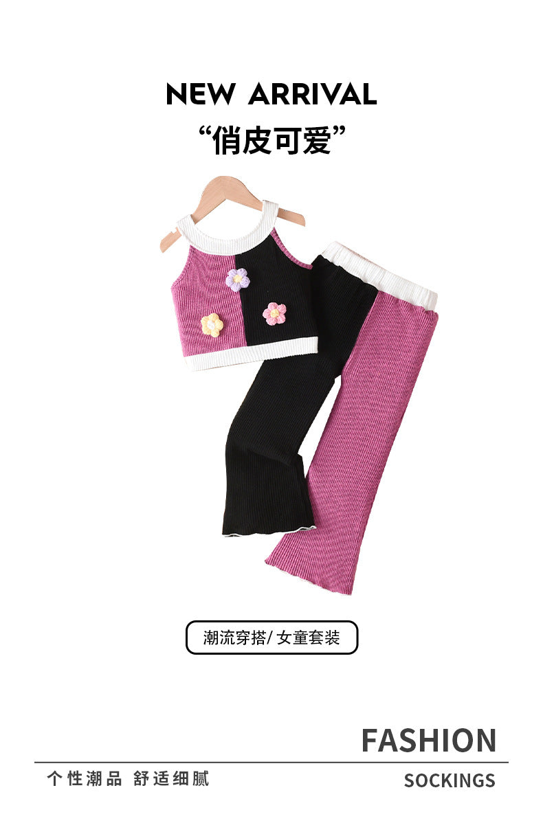 Girls' summer outfit: pink & black color block floral tank top and flare pants - cute & casual two-piece set for kids