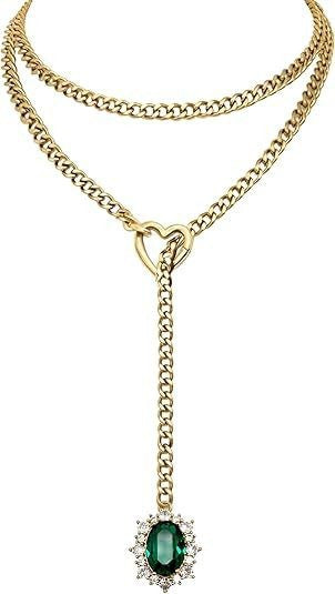 Women's heart-shaped slide chain necklace with detachable heart o-ring, gold cuban chain, and sparkling crystal pendant, adjustable