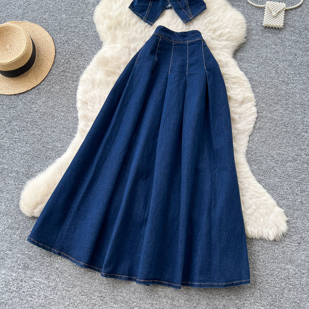 e-commerce  denim set for women, summer sleeveless sophisticated style vest + high-waisted midi skirt two-piece set