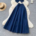 e-commerce  denim set for women, summer sleeveless sophisticated style vest + high-waisted midi skirt two-piece set