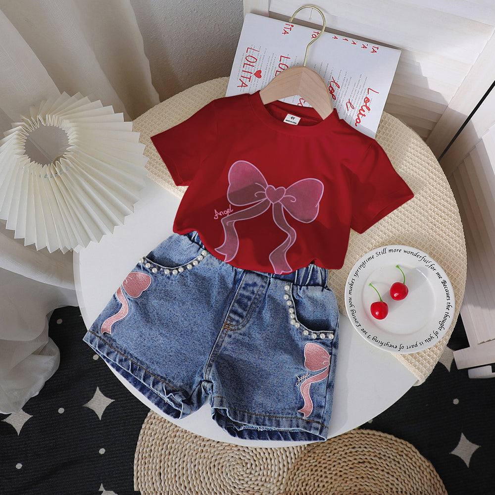 new cross-border girls' round neck printed knit top and denim beaded embroidered jeans two-piece set