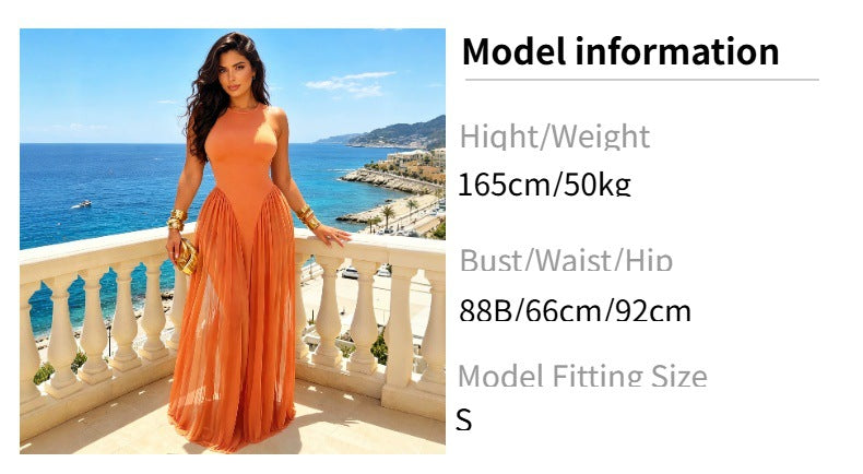 European and american style sleeveless round neck chiffon patchwork dress - women's slimming and flattering maxi dress for beach vacations - wholesale