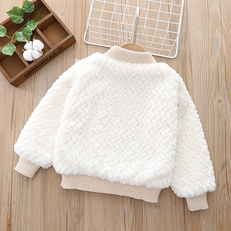 Girl pulloverfleece-linedthickenedheattechwinternew arrivalk-style round neck imitation fur babytops inner wear