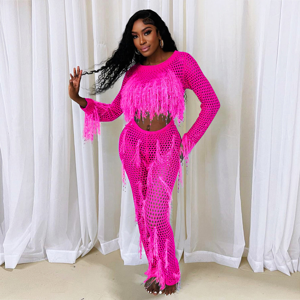 supply new arrival european and american clothing sexy imitation mink hair handmade tassel knittingcut outseparates jumpsuit