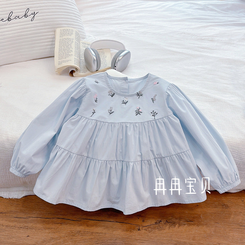 Girls' long-sleeve cotton blue embroidered floral shirt - new autumn  sweet french cartoon style
