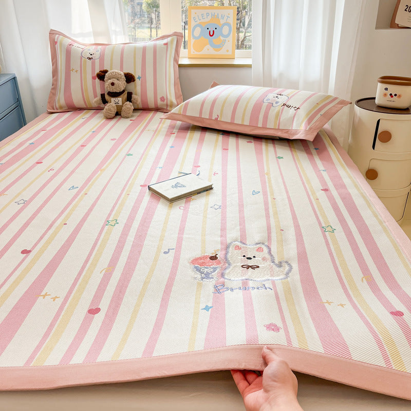 Summer ice rattan mat three-piece cartoon mattress foldable embroidered ice silk mat can sleep naked air conditioner soft mat