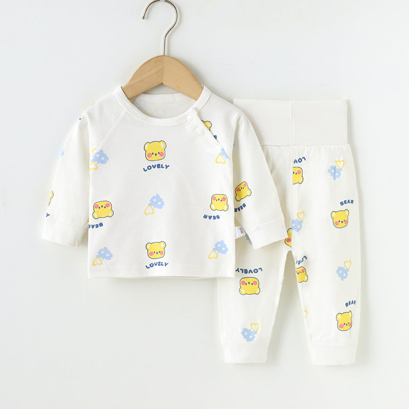 newborn & infant pure cotton autumn clothes set: high-waisted belly protection pants & seamless kids' pajamas