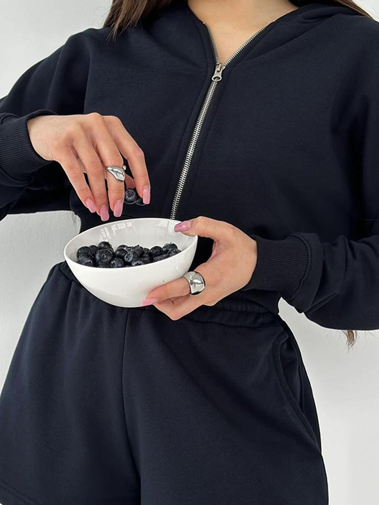 European and American  women's clothing fashion short zipper jacket shorts two-piece set casual sports cardigan shorts set women