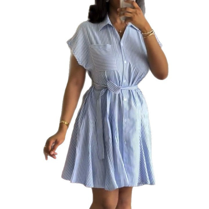 European and american cross-border women's fashion  summer new arrival: elegant notch collar striped cinched waist tie-waist short sleeve shirt dress