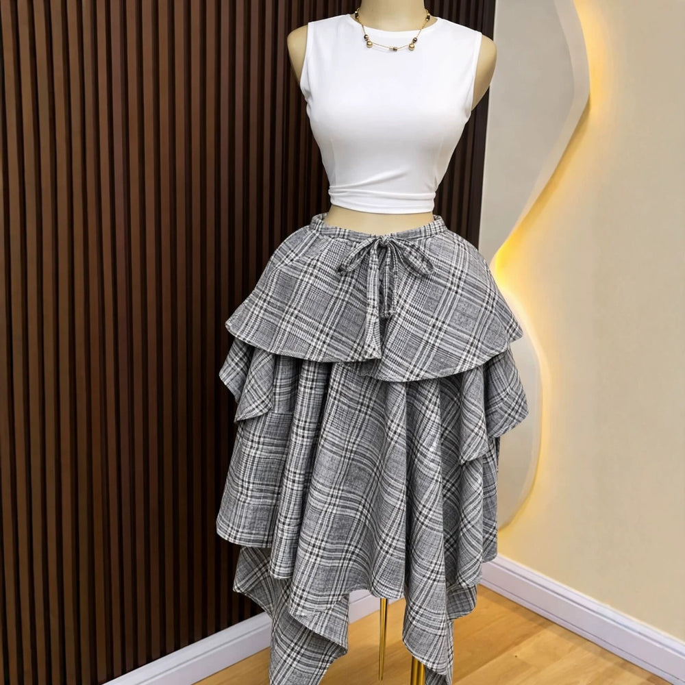 European and american cross-border women's fashion:  summer new arrival - high-waisted tie-waist plaid asymmetrical midi a-line skirt