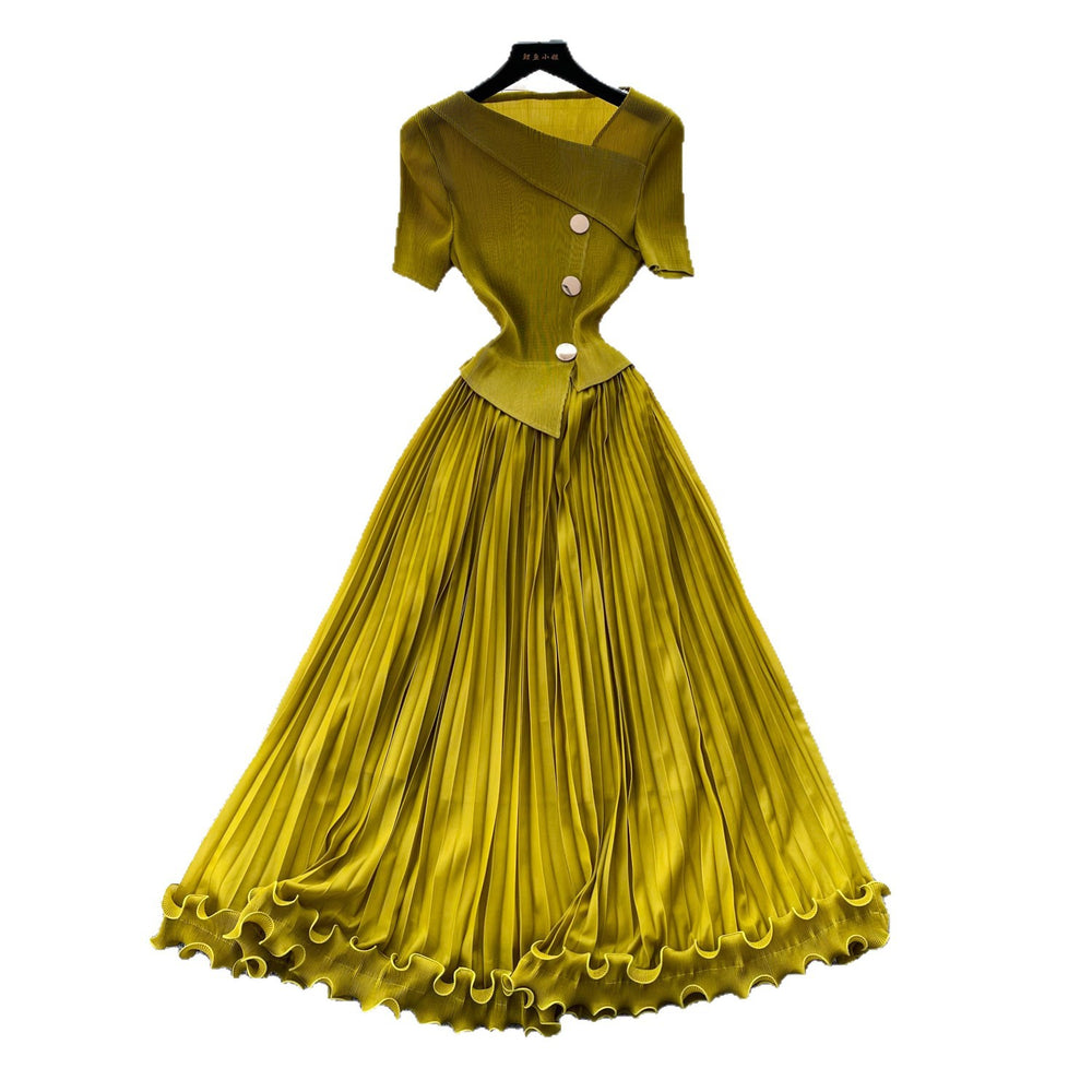 Accessible luxury classyelegance oblique collar elegantdress women's summerwork clothing style waist slimming lookpleated long skirt light mature style