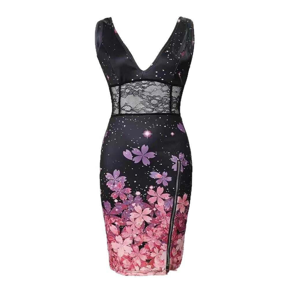 european and american export women's elegant sleeveless v-neck printed slit lace bodycon dress